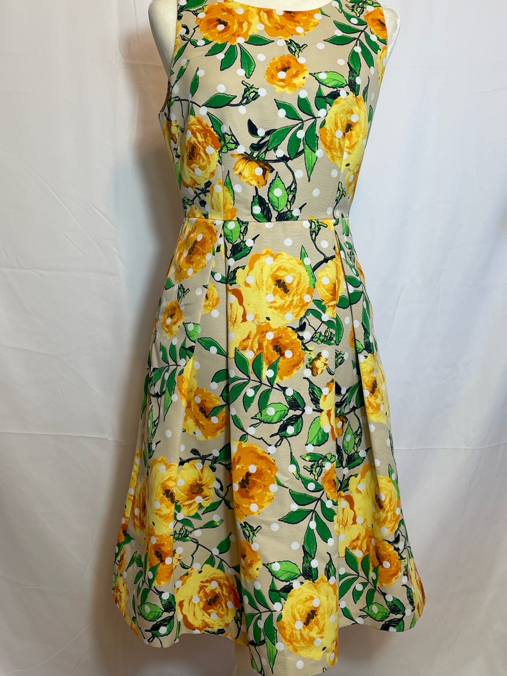 Sleeveless; Yellow Rose, Floral, Polka Dot Dress by New York & Company.
